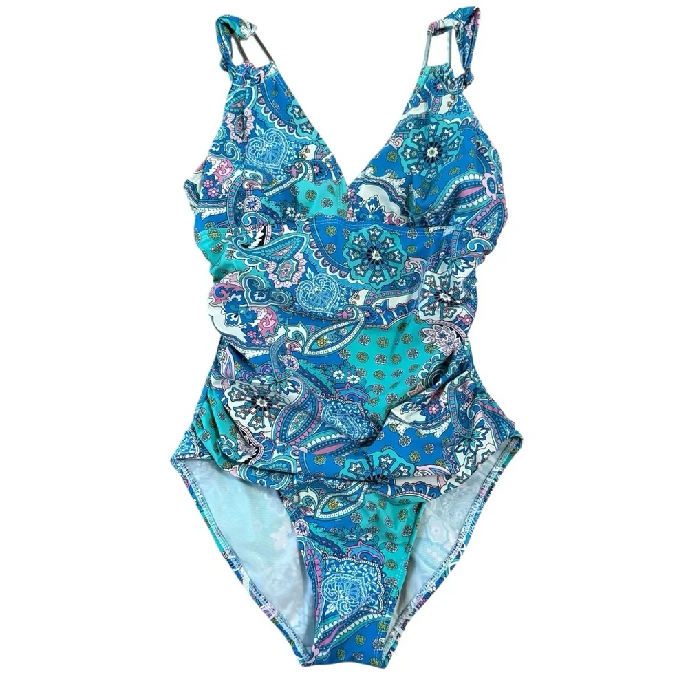 SPANX Assets by Sara Blakely Aqua Blue Pink Paisley One Piece Swimsuit‎ Small